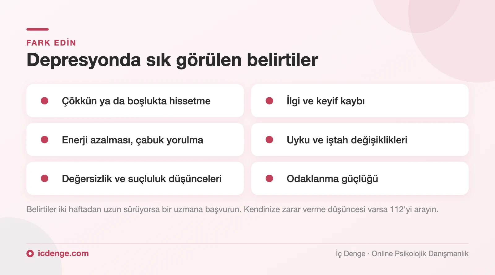Depresyon belirtileri: çökkünlük, ilgi kaybı, enerji azalması, uyku ve iştah değişiklikleri, değersizlik, odaklanma güçlüğü