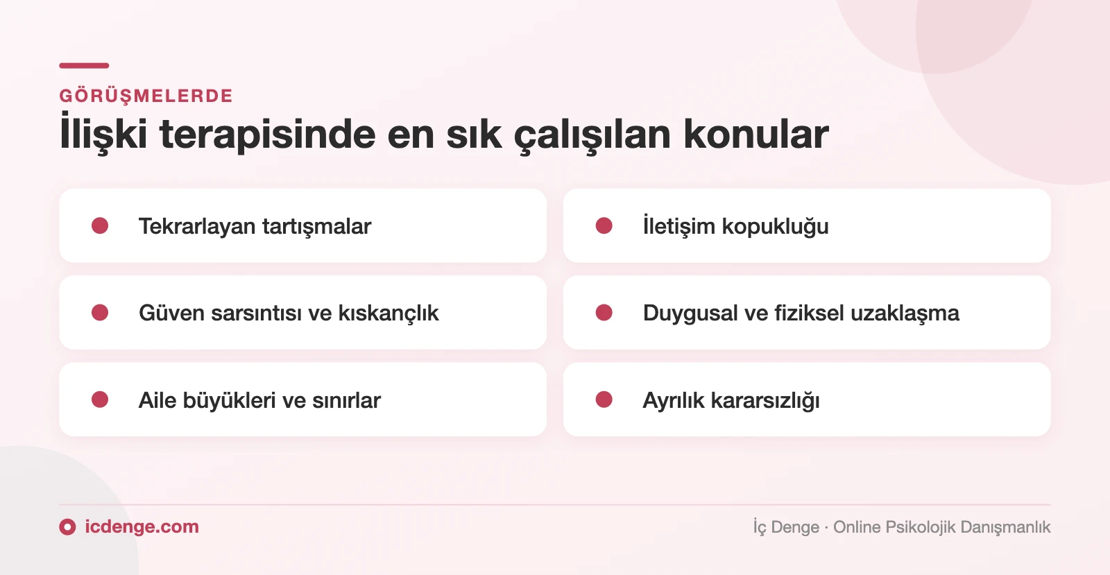 İlişki terapisinde en sık çalışılan konular: tekrarlayan tartışmalar, iletişim kopukluğu, güven sarsıntısı, uzaklaşma