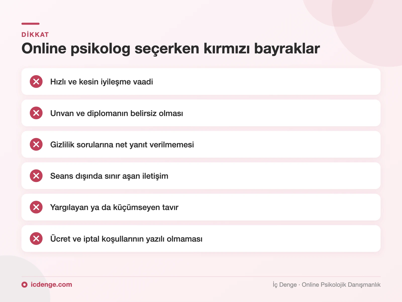 Online psikolog tavsiye ararken kırmızı bayraklar: kesin iyileşme vaadi, belirsiz unvan, gizlilikte belirsizlik