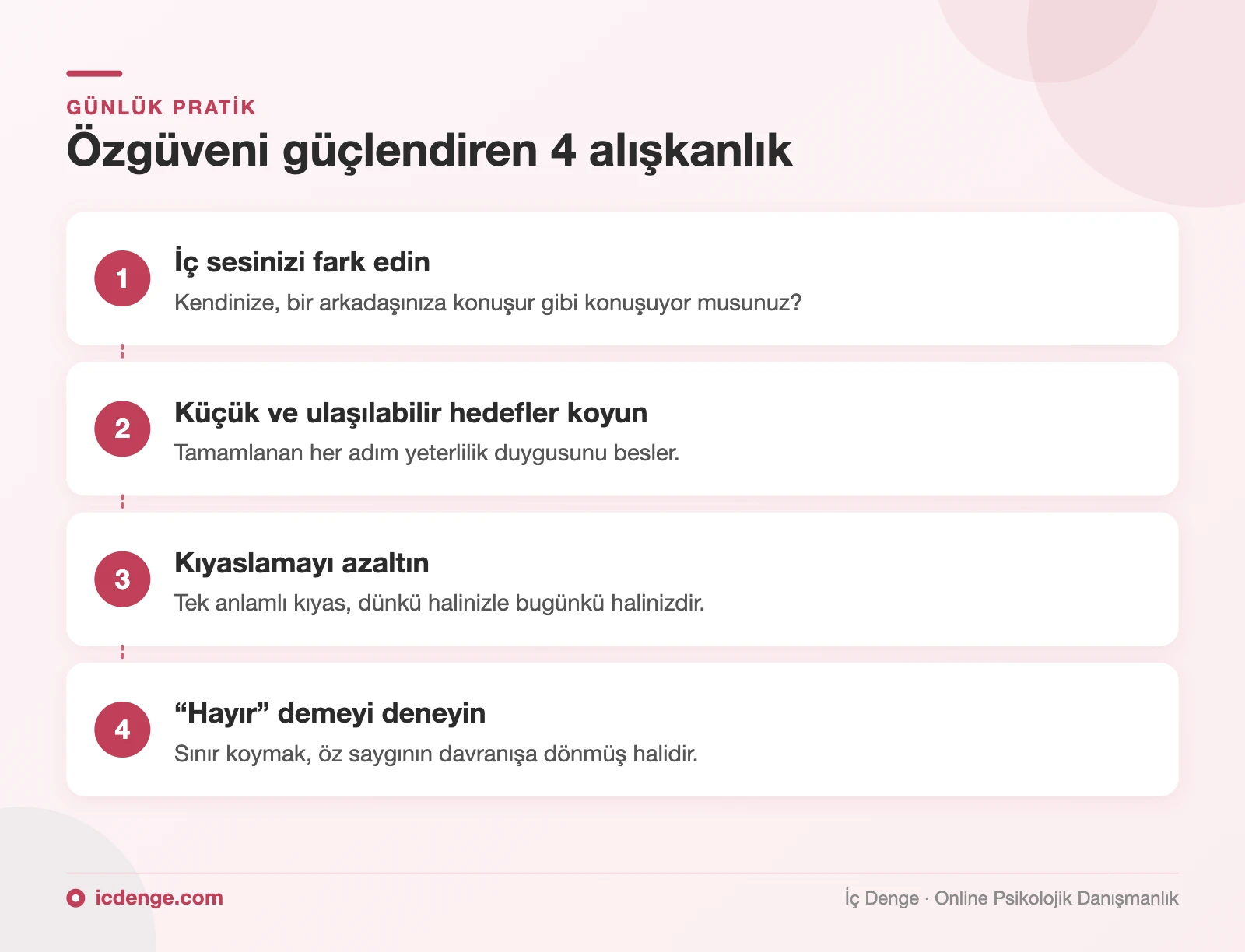Özgüven eksikliği için 4 alışkanlık: iç sesi fark etmek, küçük hedefler, kıyaslamayı azaltmak, hayır diyebilmek