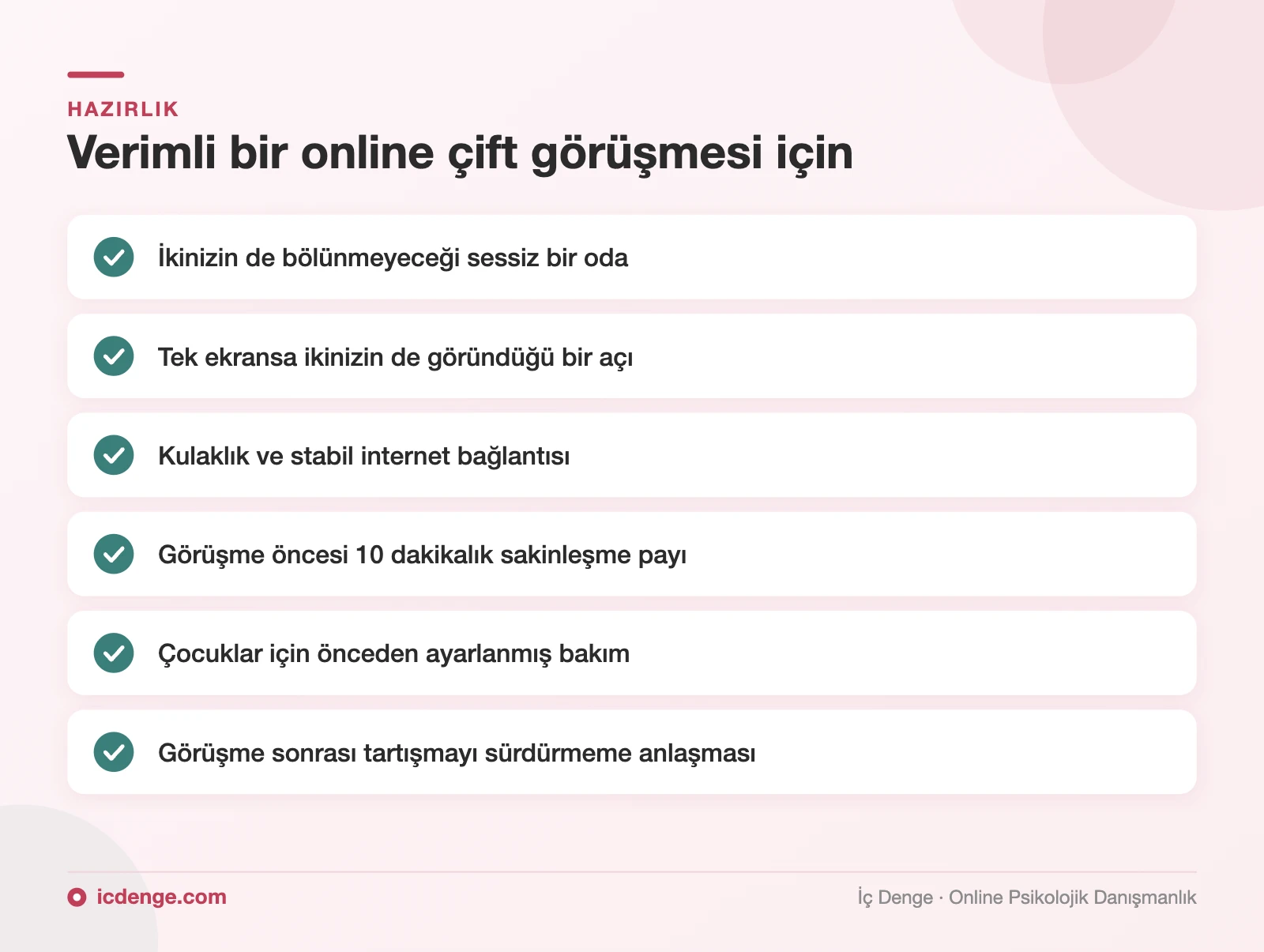 Online çift terapisi için hazırlık listesi: sessiz oda, uygun kamera açısı, kulaklık, sakinleşme payı