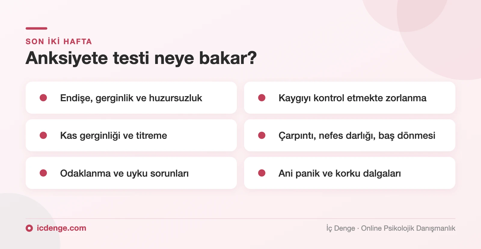 Anksiyete testinin değerlendirdiği alanlar: endişe, bedensel belirtiler, odaklanma, uyku ve panik