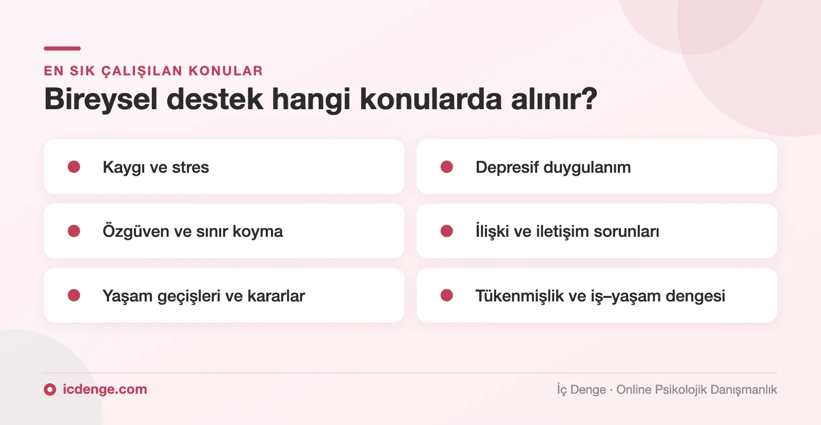 Bireysel destek konuları: kaygı, stres, depresif duygulanım, özgüven, ilişki sorunları, yaşam geçişleri