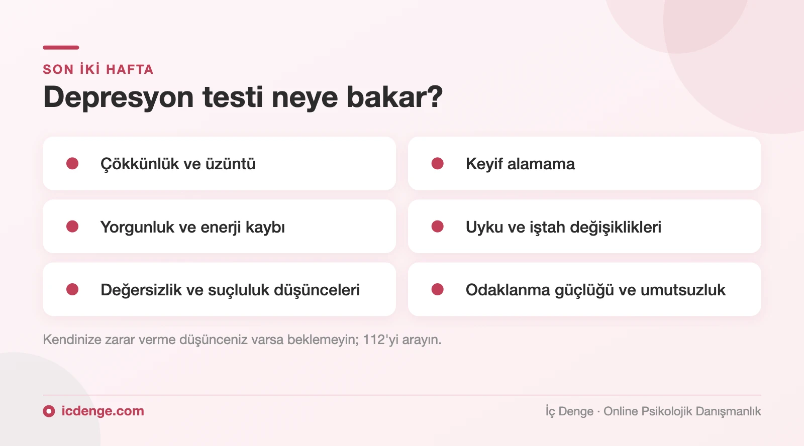 Depresyon testinin değerlendirdiği alanlar: çökkünlük, keyif kaybı, yorgunluk, uyku, iştah, değersizlik, umutsuzluk