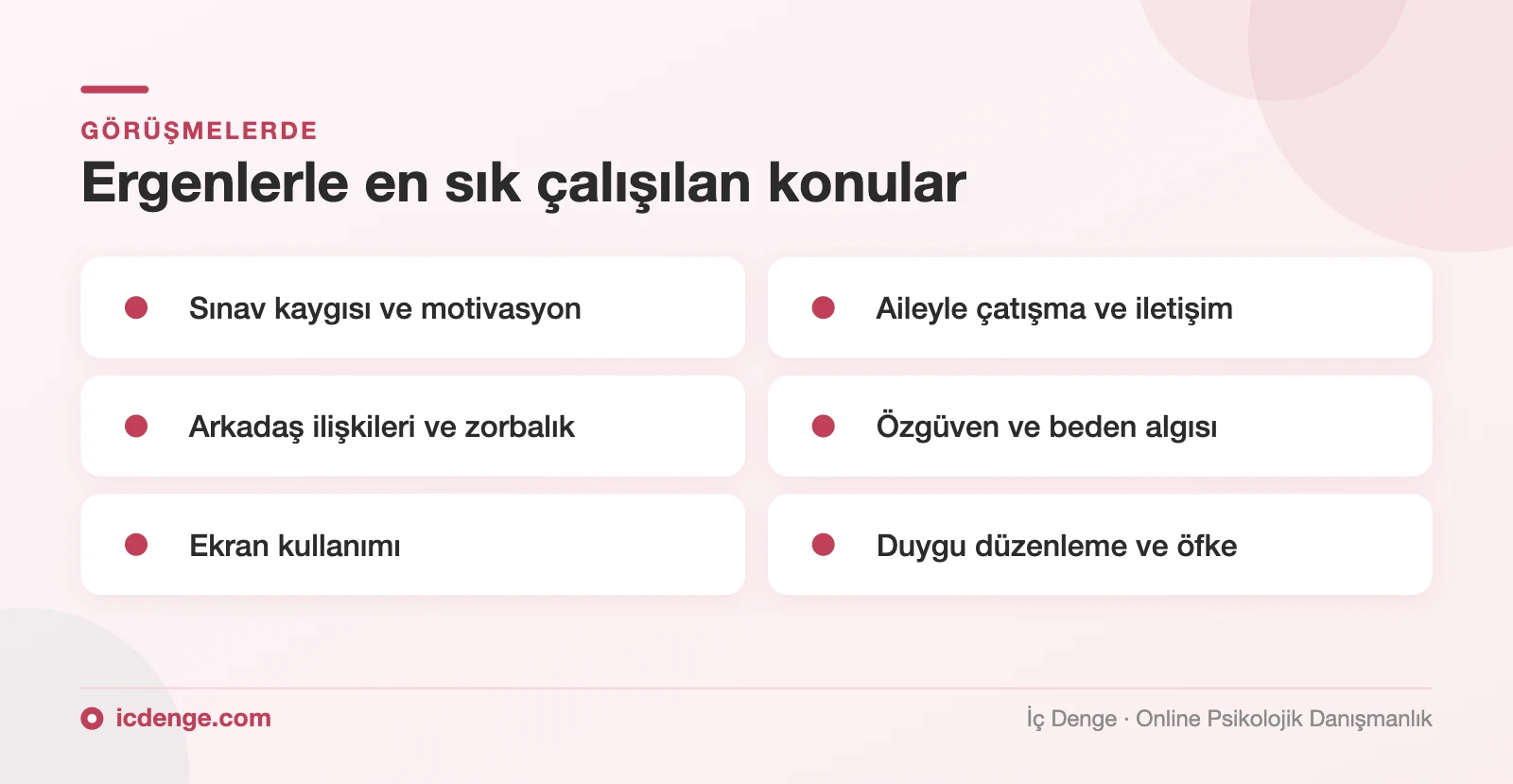 Ergen psikoloğu desteğinde en sık çalışılan konular: sınav kaygısı, aile çatışması, arkadaş ilişkileri, özgüven
