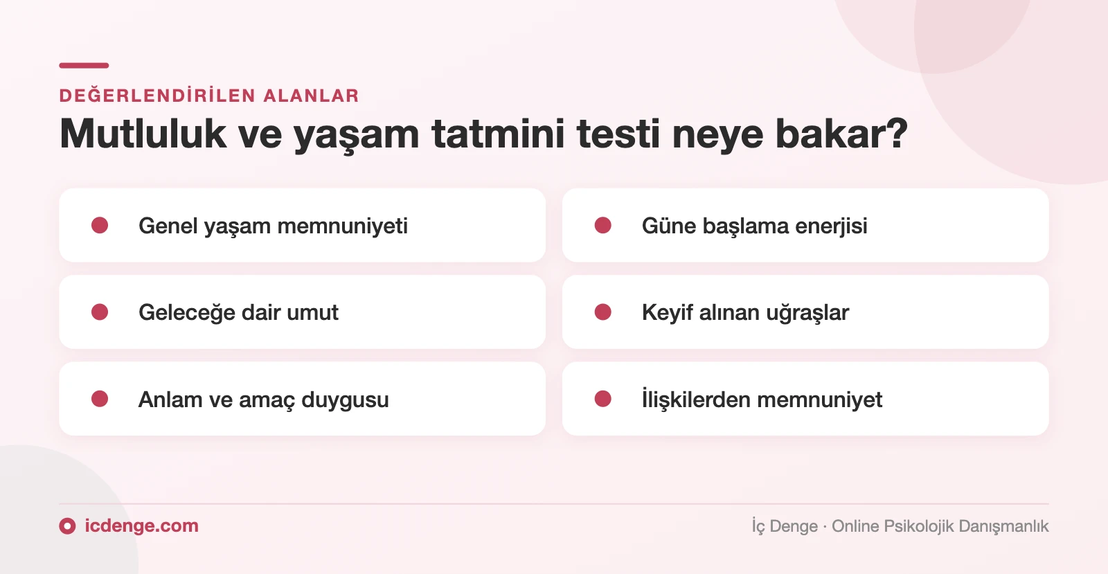 Mutluluk testinin değerlendirdiği alanlar: yaşam memnuniyeti, enerji, umut, keyif, anlam, ilişkiler