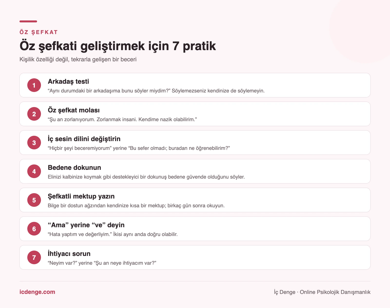 Öz şefkati geliştirmek için yedi pratik: arkadaş testi, öz şefkat molası, iç sesin dili, destekleyici dokunuş, şefkatli mektup, ama yerine ve, ihtiyacı sormak